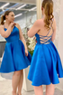 Open Back V Neck Blue Satin Short Prom Homecoming Formal Graduation Evening Dress GJS684