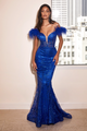 BLUE OFF SHOULDER GLITTER FEATHER GOWN GJS653