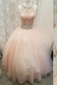 Elegant Lace Crop Top Pink Tulle Ball Gown Quinceanera Dresses Two Piece ZXS396