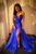 A Line V Neck Backless Blue Tulle long Prom Dress with High Slit GJS693