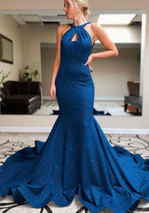 Blue Mermaid Backless Long Prom Evening Dress GJS623