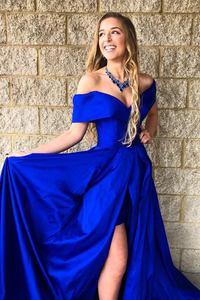Off Shoulder Royal Blue Long Prom Dress with High Slit GJS701