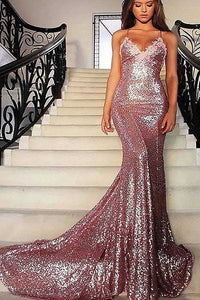 Mermaid Rose Gold Sequins Backless Prom Evening Dress LBQ0039