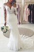 V Neck Lace Mermaid Appliques Wedding Dresses with Long Sleeves LBQW0100