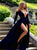 A Line Dark Navy Blue V Neck Slit Velvet Long Sleeves Prom Dresses