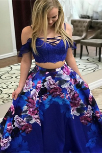 Spaghetti Straps Royal Blue Printed Satin Prom Dress with Lace LBQ0362