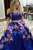 Spaghetti Straps Royal Blue Printed Satin Prom Dress with Lace LBQ0362