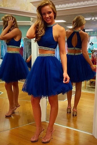 Short Tulle Backless Royal Blue Prom Homecoming Dress with Beaded LBQ0113