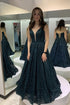 Dark Lace Sequins Deep V Neck Long Prom Dress Evening Gown ZXS211