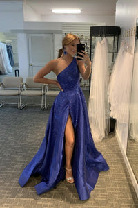 Blue Satin Long Prom Dress one Shoulder Evening Dress GJS342
