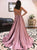 V Neck High Leg Split Sweep Train Lace Up Satin Prom Dresses with Slit