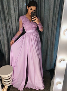 A Line V Neck Purple Satin Sweep Train Prom Dress with Appliques 