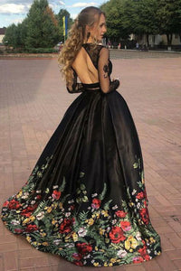 Black Lace Long Sleeves Open Back Satin Prom Dresss with Sweep Train