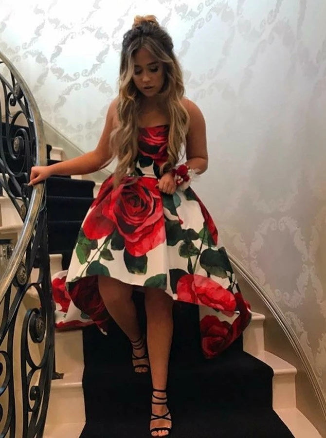 A Line Strapless Asymmetrical White Satin Prom Dresses | Alinepromdress A Line Strapless Asymmetrical White Satin Prom Dresses | Alinepromdress