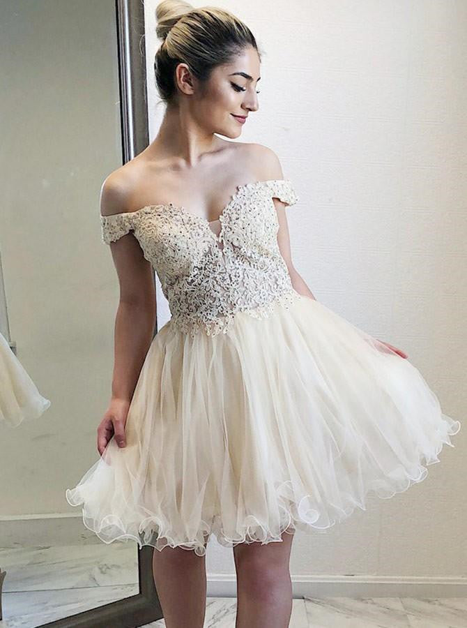 Off the Shoulder Homecoming Dresses with Appliques | Alinepromdress Off the Shoulder Homecoming Dresses with Appliques | Alinepromdress