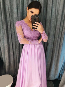 A Line V Neck Purple Satin Long Sleeves Prom Dress with Appliques 