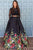 Black Lace Long Sleeves Open Back Satin Prom Dressses with Applique