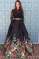 Black Lace Long Sleeves Open Back Satin Prom Dressses with Applique