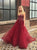 A Line V Neck Sleeveless Dark Red Prom Dress with Sequins 