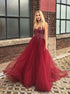 A Line V Neck Dark Red Tulle Prom Dress with Sequins LBQ0220