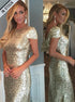 Golden Sheath Jewel Cap Sleeveless Sweep Train Sequins Prom Dress LBQ0093