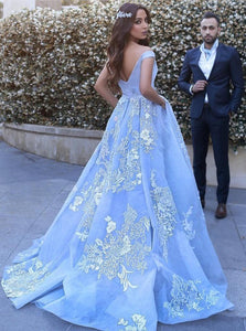 Gorgeous Blue Tulle Appliques Ball Gown Off-the-Shoulder Long Evening Dress