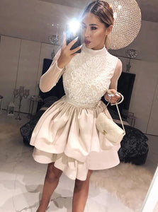 Champagne High Neck Long Sleeves Homecoming Dress with Appliques