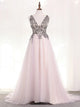 A Line Straps Tulle Grey Prom Dresses with Beadings and Slit