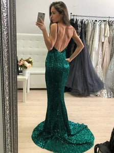 Mermaid Spaghetti Straps Sweep Train Sleeveless Sequined Prom Dress