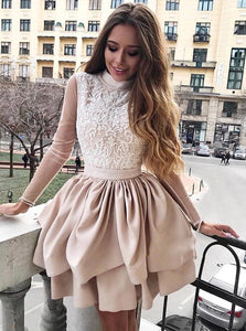 Champagne High Neck Long Sleeves Mini Homecoming Dress with Appliques