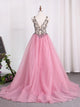 Sexy A Line Straps Tulle Prom Dresses with Beadings and Slit
