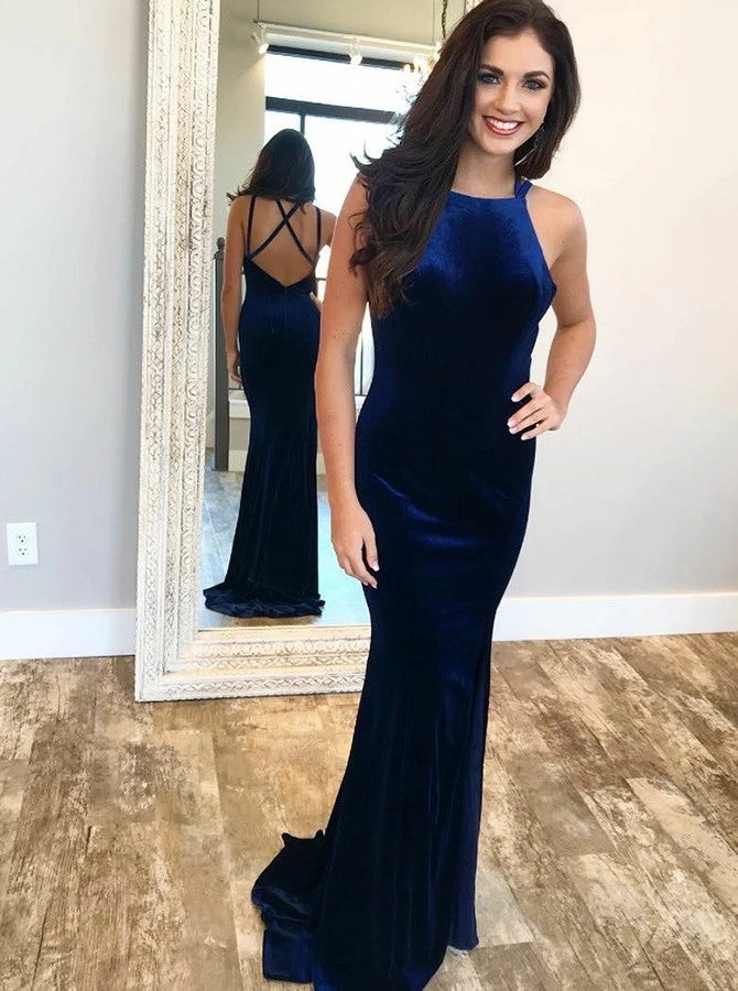 Mermaid Square Royal Blue Velvet Criss Cross Prom Dresses | Alinepromdress Mermaid Square Royal Blue Velvet Criss Cross Prom Dresses | Alinepromdress