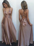 A Line V Neck Blush Satin Lace Up Prom Dress with Pleats LBQ0240