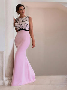 Mermaid Scoop Open Back Satin Prom Dresses With Appliques Sweep Train