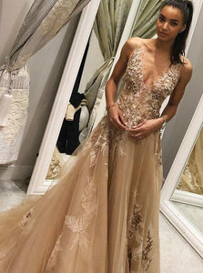 Champagne Tulle Prom Dress with Beading Appliques 