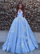 Blue Tulle Appliques Ball Gown Off-the-Shoulder Sweep Train Prom Dress