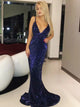 Sexy Mermaid Spaghetti Straps Sweep Train Sequined Prom Dress