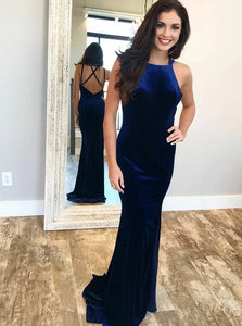 Mermaid Square Royal Blue Velvet Criss Cross Prom Dresses with Sweep Train