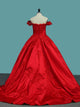 Elegant Red Off The Shoulder Ball Gown Applique Satin Prom Dresses