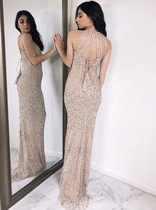 Champagne Sheath Jewel Lace Up Prom Dresses with Sequins 