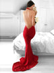 Red Lace Mermaid Halter Sleeveless Backless Prom Dress
