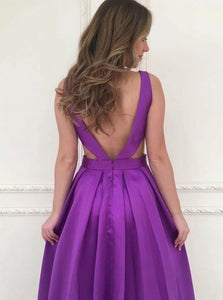 A Line V Neck Open Back Floor Length Purple Satin Prom Dresses