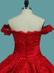 Graceful Red Off The Shoulder Ball Gown Applique Satin Prom Dresses 