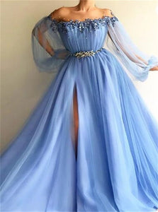 A Line Long Sleeves Off the Shoulder Tulle Beadings Prom Dresses