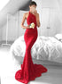 Red Lace Mermaid Halter Backless Prom Dress LBQ0184