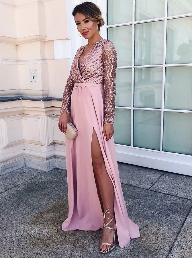 V Neck Pink Satin Prom Dress with Sequins and Split | Alinepromdress V Neck Pink Satin Prom Dress with Sequins and Split | Alinepromdress