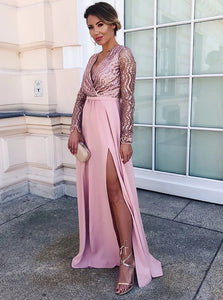 A Line V Neck Pink Satin Sweep Train Prom Dress with Sequins and Split