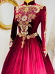 Burgundy Velvet Beaded Muslim Long Sleeve  Evening Formal Party Gown GJS611