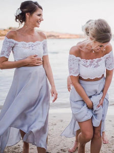 Two Piece Off the Shoulder Grey Bridesmaid Dress with Lace LBQB0019