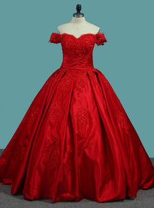 Luxurious Red Off The Shoulder Ball Gown Applique Satin Prom Dresse